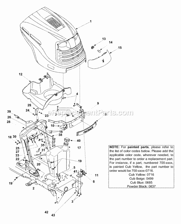 Tractor Body / Fuel Tank / Hood Diagram and Parts List for GT1222 14AB13CH710 Cub Cadet Lawn Tractor